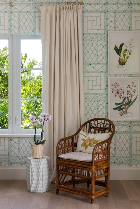 Palm Beach — Paloma Contreras Design Palm Beach Regency Bedroom, Teal Print Wallpaper, Teal Wallpaper Bedroom, Palm Beach Bedroom, Floral Headboard, Bamboo Bedroom, Bamboo Lattice, Lattice Wallpaper, Bedroom Teal