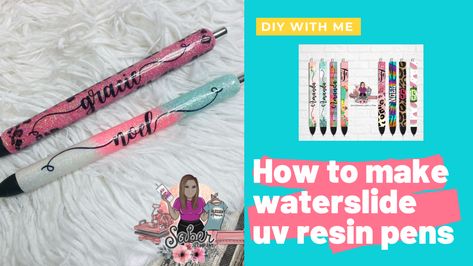 A quick tutorial on how to make the glitter epoxy pens with uv resin and clear waterslide decals Mod Podge Glitter, Resin Jewlery, Epoxy Pens, Diy Uv Resin, Resin Pens, How To Make Glitter, How To Make Resin, Pen Craft, Craft Station