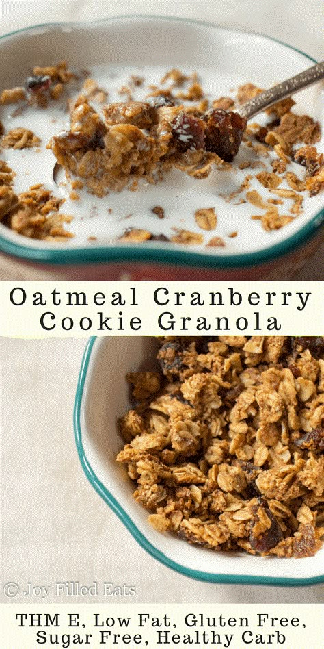 Oatmeal Cranberry Cookie Granola - THM E, Low Fat, Gluten Free, Sugar Free, Healthy Carb - If an oatmeal cranberry cookie is your sweet treat of choice you must try my breakfast version! This cookie granola tastes just like your favorite dessert turned into a breakfast cereal! Thm Oatmeal Breakfast Cookies, Thm Fp Snacks, Thm Granola, Thm Oatmeal, Thm Breakfast Ideas, Thm E Breakfast, Trim Healthy Mama Breakfast, Cranberry Cookie, Thm Sweets