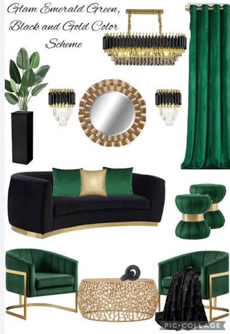 Green Couch Decor, Emerald Green Living Room, Glam Apartment Decor, Black And Gold Living Room, Massage Room Decor, Green Living Room Decor, Gold Living, Art Deco Living Room, Girly Apartment Decor