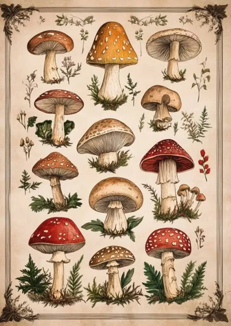 Mushroom Art Drawing, Insect Drawings, Vintage Mushroom Art, 3d Castle, Large Scale Wall Art, Botanical Printables, Mystical Nature, Mushroom Clipart, Woodland Clipart