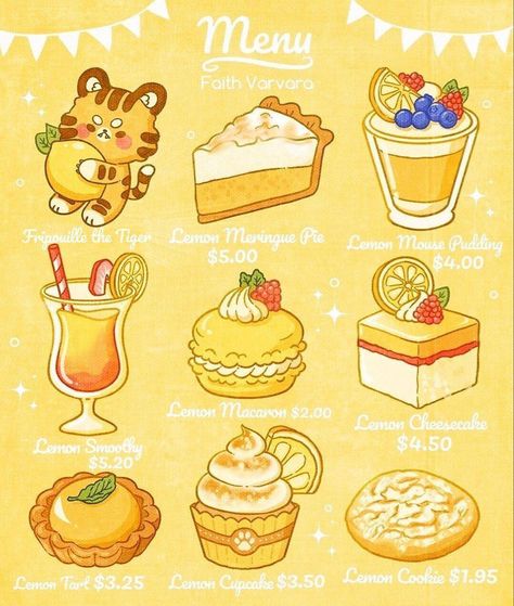 Cute Menu Drawing, Kawaii Food Illustration, Kawaii Food Art, Faith Varvara, Lemon Cute, Lemon Sweets, Food Doodles, 귀여운 음식 그림, Food Drawings