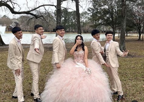 Blush Chambelanes Outfits, Blush Pink Quinceanera Chambelanes, Pink Chambelan Outfits Vaquero, Light Pink Chambelan Outfits, Pink Quinceanera Theme Chambelanes, Pink Quinceanera Chambelanes, Pink Flowers Quince Theme, Quince Court Pictures Pink, Pink Quince Court