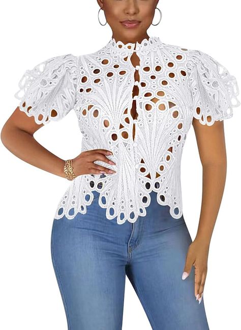 Doweha Women‘s Summer Sexy Ruffle Long Sleeve Going Out Lace Tops 2024 Spring Cute Blouse Trendy Party Date Night Outfit Shirts Purple XL at Amazon Women’s Clothing store Socialite Style, Stand Collar Shirt, African Shirts, Elegant Shirt, Women Shirts Blouse, Puff Sleeve Top, Lace Shirt, Fashion Pattern, Sleeves Pattern