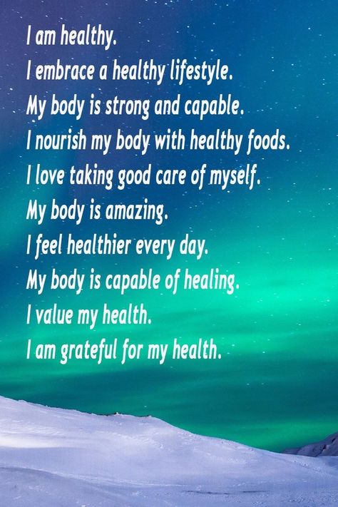 When we take the time to say affirmations for health, it is amazing how we can shift our mindset towards positive living and reach our goals. Affirmations For Health, Healthy Affirmations, I Am Healthy, Health Affirmations, Healing Affirmations, I Am Affirmations, A Course In Miracles, Positive Living, Morning Affirmations