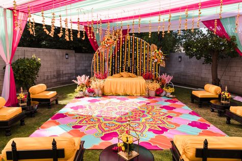 Nital & Vishal's Whimsical Garden Wedding In California Haldi Dance Floor Flex Design, Sangeet Floor Decor, Colorful Haldi Decor, Haldi Dance Floor, Backyard Haldi Decor, Carnival Haldi Decor, Ladies Sangeet Decoration, Haldi Carnival Decor, Mehndi Dance Floor