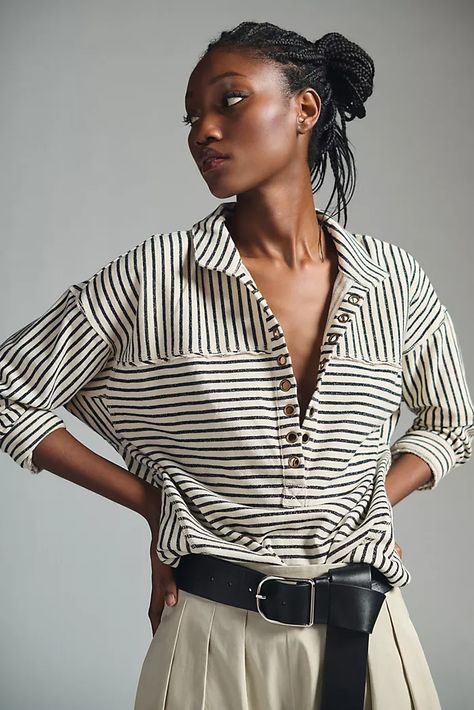 New Women's Clothing for Spring | Anthropologie Batwing Blouse, Fashion Vocabulary, Henley Top, Anthropologie Top, Boho Blouses, Premium Denim, Black Stripes, Pullover Styling, Effortless Style