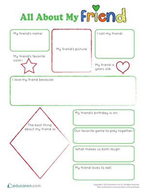 All About My Friend | Worksheet | Education.com Writing About My Best Friend, First Friends 1 Worksheet, My Best Friend Worksheet, Friendships Worksheets, About My Friends Journal, Friends Worksheet, About My Friend Worksheet, Good Friend Vs Bad Friend Worksheet, Who Is Being A Friend Worksheet