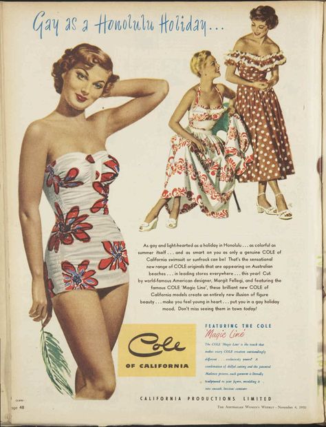 1950 Advertisement, Vintage Bathing Suit Patterns, Swimsuit Inspiration, Beach Retro, California Fashion, Vintage Bathing Suits, Bathing Beauty, Tropical Fashion, Vintage Swim