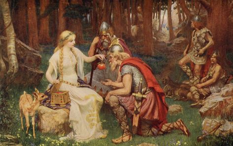 Idun and the Apples    Idun is the Norse goddess of immortality, a gift bestowed by her magical apples.    Painting by J Doyle Penrose. Mythology Norse, Nordic Mythology, Irish Mythology, Norse Gods, Norse Goddess, Norse Myth, Oh My Goddess, Celtic Mythology, Old Norse