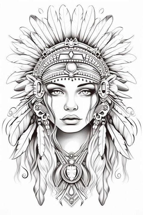 Native American Tattoo Art, Warrior Headdress, Indian Chief Tattoo, American Drawing, Headdress Art, Headdress Tattoo, Indian Feather Tattoos, Monochrome Drawing, Native American Drawing