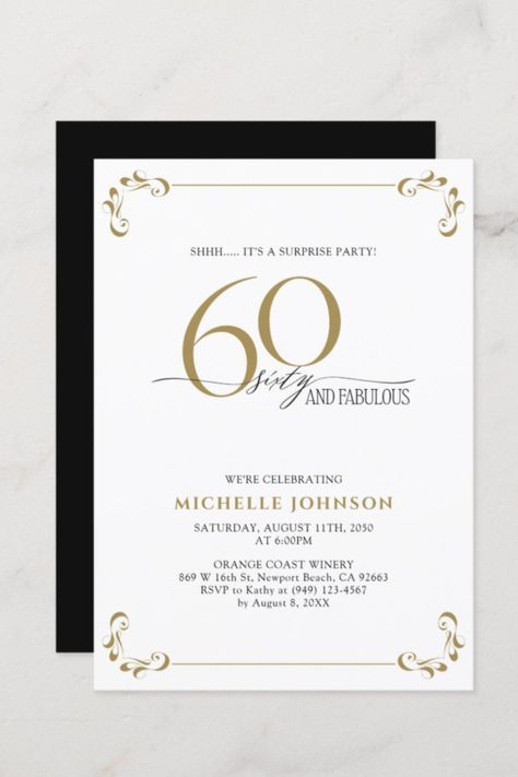 Surprise 60 & Fabulous Black & Gold Birthday Invitation
It's a special surprise 60th birthday, and it's time to celebrate! #60thbirthday #elegant #birthday #happybirthday #birthdaycards #birthdayparty #fabulous 60 Birthday Invitation, Black Gold Birthday, Surprise 60th, 80th Birthday Invitations, Invitation Card Birthday, 60th Birthday Invitations, Birthday Invites, Elegant Birthday, Gold Birthday