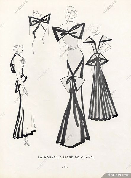 Chanel 1934 backless, Evening Gown, Léon Bénigni Fashion Illustration Chanel, Chanel Illustration, Vintage Fashion Sketches, Fashion Illustrators, Chanel Dresses, Chanel Suit, Mode Chanel, Chanel Style, Vintage Blog