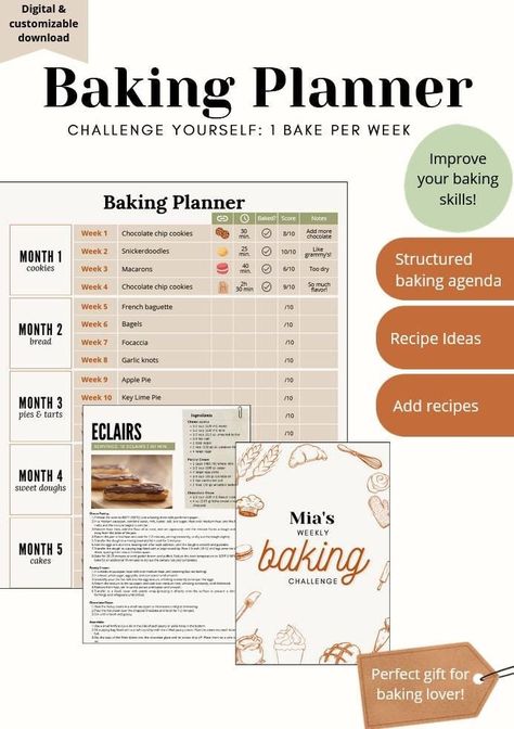 Unleash your inner baker and stay structured and inspired all year long with this weekly Baking Challenge Planner, a beautifully designed Canva template perfect for organizing your weekly baking goals, tracking progress, and jotting down notes or comments on each creation. This digital download is completely customizable, allowing you to make it uniquely yours while keeping you motivated and organized in the kitchen! Whether you're a seasoned baker or just starting out, this planner is a fun and practical tool to spark your creativity and make baking an enjoyable weekly ritual. What You'll Get:     - Baking Planner Overview: Set your baking goals for every month and decide on recipes to make     - Space for Scoring & Comments: Reflect on each recipe and record what you liked!     - Customi Back Challenge, Baking Challenge, Organization Gifts, Bakery Ideas, Every Month, Staying Organized, Planner Template, Canva Template, Creative Inspiration