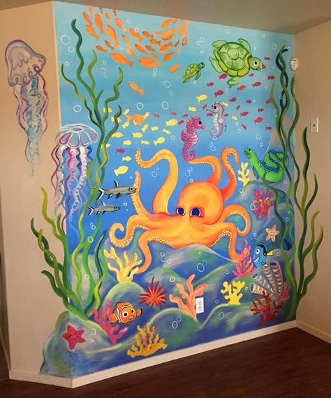 Under The Sea Window Painting, Under The Sea Mural Painting, Under The Sea Mural, Wave Mural, Underwater Mural, Aquarium Wallpaper, Wallpapers Home Screen, Boys Room Mural, Sea Murals