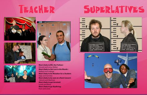 Teacher Superlatives page in the yearbook. Teachers were taken on a green screen and then photoshopped for the category they won. Teacher Superlatives Yearbook, Teacher Superlatives, Yearbook Teacher Page Ideas, Yearbook Page Ideas Highschool, Senior Yearbook Ideas, Yearbook Superlatives, Senior Superlatives, Teaching Yearbook, Sleepover Party Games