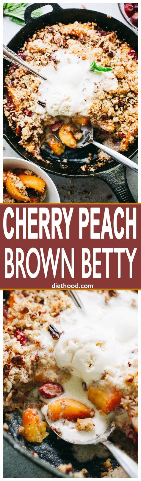 Cherry Peach Brown Betty Recipe - Delicious and easy to make skillet-baked Brown Betty packed with juicy peaches and sweet cherries! Brown Betty Recipe, Peanut Butter Oatmeal Chocolate Chip, Peanut Butter Oatmeal Chocolate Chip Cookies, Brown Betty, Summer Dessert Recipes, Sweet Recipes Desserts, Peach Recipe, Cobbler Recipes, Recipes Dessert