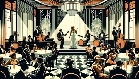 Limited Edition Print in downloadable format Speakeasy Jazz Night Digital Art Download Step back in time to the roaring 1920s with this evocative digital art piece capturing the essence of a classic speakeasy. The dimly lit lounge comes alive with the sounds of smooth jazz, the clink of cocktail glasses, and whispers of intriguing stories from patrons enjoying a clandestine evening out. Key Features: A beautifully detailed representation of a 1920s speakeasy lounge. Features jazz musicians in full swing, elegant flapper dancers, and debonair gentlemen in sharp suits. Art Deco architectural elements and classic black and gold color palette exuding luxury and opulence. Perfect for jazz lovers, history buffs, or anyone with a penchant for vintage aesthetics. Digital Download Includes: High-re 1920 Jazz Club, Jazz Bar Design, 1920s Jazz Bar Aesthetic, Art Deco New Year, Jazz Club Art, Jazz Poster Vintage, Art Deco Colors Palette, Jazz Lounge Aesthetic, 1930s Speakeasy