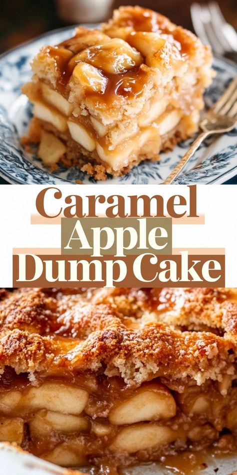 A collage with close-up views of caramel apple dump cake. The top image features a slice of the dessert on a decorative plate, showcasing baked apple layers, crumbly topping, and caramel sauce. The bottom image shows a close-up of the baking dish with a missing slice, revealing layers of caramel-soaked apples and a golden-brown crumb crust. Text in the center reads "Caramel Apple Dump Cake" in bold and elegant fonts. Caramel Apple Pie Dump Cake, Carmel Ideas Dessert Recipes, Desserts With Ice Cream On Top, Apple Lasagna Dessert, Caramel Apple Desserts Easy, Caramel Apple Cake Recipe Easy, Apple Dessert For A Crowd, Apple And Caramel Desserts, Desserts Made With Apples