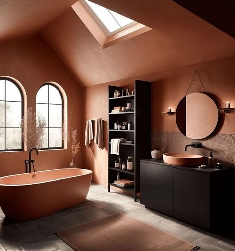 Terracotta Bathroom, Eclectic Bathroom Design, Bathroom Wall Colors, Moody Bathroom, Moroccan Bathroom, Orange Furniture, Eclectic Bathroom, Main Bathroom, Bathroom Refresh