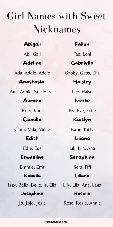 Girl names with nicknames Unique Nicknames With Meaning, Ideas Name For Girl, Woman Names Ideas, Girls Names With Nicknames, Long Names With Nicknames, Nickname For Girl, Cool Names For Girls, Name Ideas Girl, Sweet Nicknames