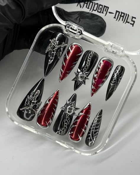 Red nails with black and silver #gothnails #gothicnails #spidernails #lacenails #ornamental #ornamentalnails #spookynails #cathedralnails #rednails #redandblacknails Red And Black Nails Coffin, Gothic Nails Black, Red Nails Y2k, Ongles Goth, Red Black Nails, Black Silver Nails, Nails Gothic, Punk Nails, Gothic Nails