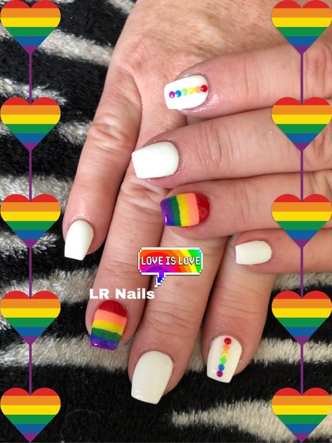 Pride Nails Diy, Pride Fingernails, Pride Month Nails Short, White Nails With Rainbow Designs, Pride Pedicure Ideas, Pride Short Nails Designs, Gay Pride Nails Acrylic, Pride Toenails, Pride Month Nail Ideas