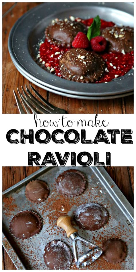 Good flavor, but too thick, filling melted into nothing when boiled. Overall not impressed. Made ahead and froze. Disappointed so far-Way too much filling-1/2 it next time. Stiff dough-hard to roll by hand. Only made 26. Filling was runny and made some ravioli leak. How to Make the Best Chocolate Ravioli - bell' alimento Desserts That Go Well With Pasta, Dessert Ravioli Recipe, Ravioli Ideas, Make Chocolate, Chocolate Ravioli, Chocolate Pasta, Raspberry Puree, Homemade Ravioli, Making Chocolate