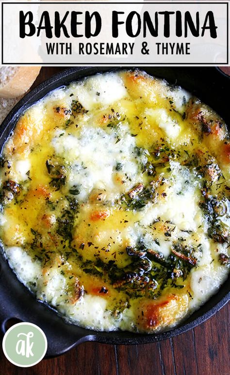 The Barefoot Contessa's Baked Fontina with Rosemary and Thyme: To die for! This appetizer is super easy to put together and a guaranteed crowd pleaser. When served to company, not a morsel of ever remains. Serve with bread or crackers. #bakedfontina #fontina #appetizer #cheese #castiron #inagarten #barefootcontessa Baked Fontina, Best Ina Garten Recipes, Pesto Lasagna, Lasagna Roll, Ina Garten Recipes, Chicken Pesto, Baked Cheese, Barefoot Contessa, Minced Meat