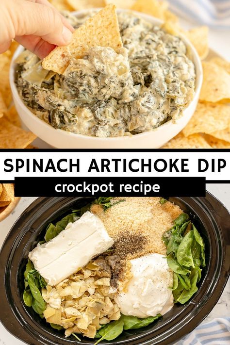 Easy, slow cooker spinach artichoke dip is a hit at every party! This cheesy and delicious, no-mayo version is made right in the crock pot! | www.persnicketyplates.com Gluten Free Dips And Appetizers, Crock Pot Spinach Artichoke Dip, Dnd Snacks, Crockpot Spinach Artichoke Dip, Crockpot Dips, Hot Spinach Artichoke Dip, Slow Cooker Spinach Artichoke Dip, Crockpot Spinach, Food Dips