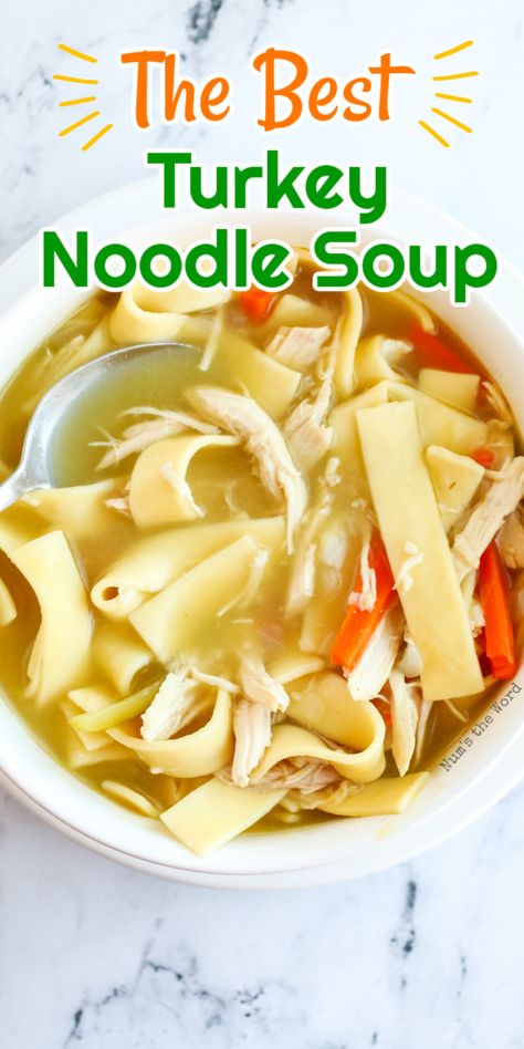 A bowl of turkey noodle soup.  Broth, noodles, chicken, carrots and lots of flavor! Turkey Soup With Egg Noodles, Best Turkey Noodle Soup Recipe, Turkey And Homemade Noodles, Turkey Soup In Crockpot, Turkey And Noodle Soup, Turkey Noodle Soup Homemade Crockpot, Turkey Pasta Soup Recipes, Easy Turkey Noodle Soup, Turkey Noodle Soup From Carcass Recipes