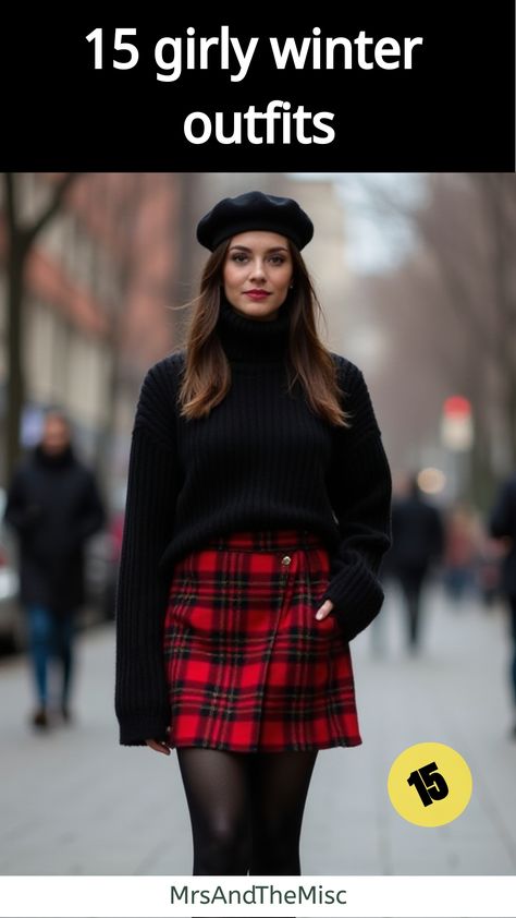 girly winter outfits Plaid Mini Skirt Outfit Winter, Black Mini Skirt Outfit Winter Tights, Winter Outfits With Mini Skirts, Cutesy Winter Outfits, Tights And Skirt Outfit, Winter Mini Skirt Outfit, Skirt Winter Outfits, Winter Outfits With Skirts, Plaid Mini Skirt Outfit