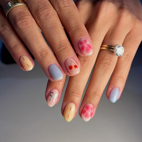 Jelly nail art🍒💛🎀🌺🩵 Inspo from Pinterest! Girly Short Nails Design, Nail Designs On Clear Nails, Nail Art For Super Short Nails, Short Square Nail Designs Pink, Spring Transition Nails, How To Do Jelly Nails, Nails Minimal Design, Short Blue Nail Designs, Short Fun Nails