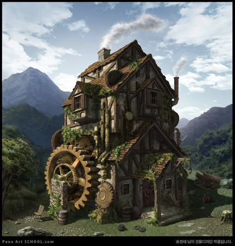 Steam Punk Minecraft House, Steam Punk Buildings, Enshrouded Build, Steam Punk Minecraft, Steam Punk House, Steampunk Farm, Steampunk Village, Steampunk Building, Punk House