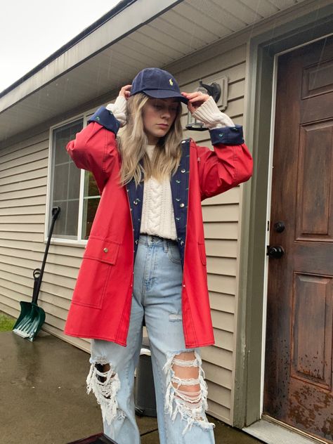 Red raincoat with fisherman’s sweater and oversized pants Red Raincoat Aesthetic, Red Rain Coat Outfit, Red Rain Jacket Outfit, Red Raincoat Outfit, Barn Coat Outfit, Rain Jacket Outfit, Coastal Granddaughter Style, Red Rain Jacket, Red Raincoat