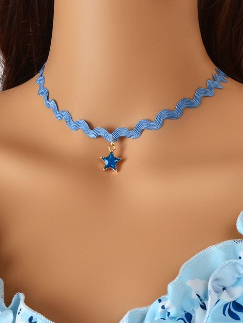 Blue Fashionable Collar  Ribbon  Chokers Embellished   Jewelry Ribbon Choker, Charm Choker Necklace, Fabric Stars, Star Charms, Fashion Fabric, Choker, Choker Necklace, Ribbon, Necklaces