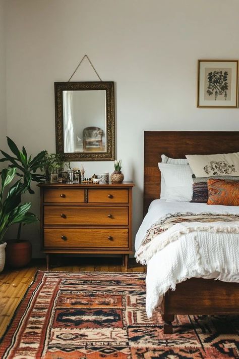 "Elevate your sleep space with the charm of Modern Boho Bedroom Decor! 🛏️🌿 Perfect for those who love a mix of modern and bohemian aesthetics. 🌟✨ #BohoInspiration #BedroomDesign #ModernLiving" Anthropologie Boho Bedroom, Western Bohemian Decor, Scandinavian Bohemian Bedroom, Modern Folk Aesthetic, Mid Century Modern Eclectic Bedroom, Mismatched Furniture Bedroom, Vintage Apartment Bedroom, Midwestern Decor, Eclectic Modern Bedroom