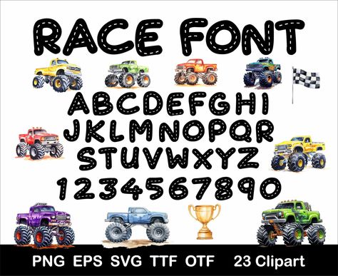 Alphabet Monster, Monster Truck Clipart, Truck Clipart, Font Alphabet, Birthday Letters, Fonts Alphabet, Monster Truck, Race Track, Letters And Numbers