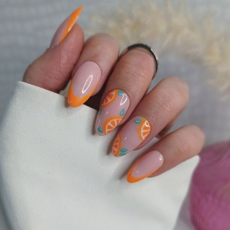 Orange French Tips Almond, Orange Nails Fruit, Fruit Salad Nails, French Tips Orange, Nails Orange French, Orange French Tips, French Tips Almond, Orange French Tip, Vintage Alhambra Bracelet