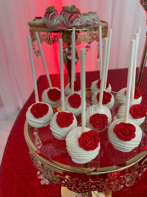 Sweet 16 Decorations Red And Gold, Red And White Cake Pops, Red Treats For Party, Red Quince Main Table, Quince Snack Table Ideas, Sweet 16 Decorations Red, Red Desserts Ideas, Quinceanera Dessert Table Ideas, Red Dessert Table