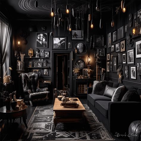 Gothic Chic Interior Design, Black Gothic Living Room, Gothic Style Home Interior Design, Dark Themed House, Modern Gothic Living Room, Goth House Interior, Dark Eclectic Home, Podcast Background, Gothic Living Room Ideas