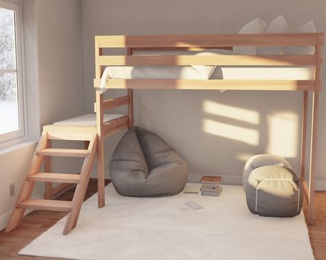 Cozy bedroom with a DIY wooden twin loft bed, showcasing space efficiency and a modern design. Easy Bed, Wooden Loft, Diy Loft, Stair Plan, Loft Bed Plans, Diy Loft Bed, Diy Projects Plans, Twin Size Loft Bed, Bed Stand