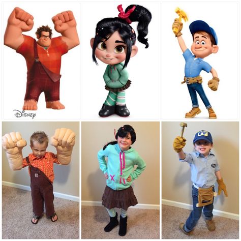 Wreck It Ralph Costumes! Wreck It Ralph Family Costumes Diy, Wreck It Ralph And Fix It Felix Costume, Wreck It Ralph Couple Costumes, Diy Wreck It Ralph Costume, 3 Sibling Costume Ideas, Wreck It Ralph Decorations Diy, Wreck It Ralph Vanellope Costume, Wreck It Ralph Family Costumes, Wreck It Ralph Halloween Costume