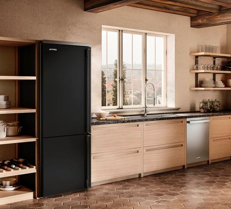 Step into farmhouse elegance with SMEG’s sleek black Portofino refrigerator! 🏡✨ Upgrade your kitchen with this 18 cu. ft. fridge, featuring sophisticated steel accents and sleek lines that perfectly complement any farmhouse-style decor. 🖤 With ample space for fresh and frozen foods, built-in ice maker, and customizable shelves and bins, organization has never been easier. Elevate your kitchen experience with Smeg’s Portofino collection. Pictured: 1️⃣ Portofino 28” Bottom Freezer Refrigera... Black Fridge Kitchen, Bins Organization, Smeg Refrigerator, Black Fridges, Smeg Fridge, Bottom Freezer Refrigerator, Frozen Foods, Bottom Freezer, Magnolia Homes