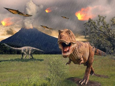 Illustration of  dinosaurs running away from erupting volcano. Mass Extinction, Prehistoric Planet Season 2, Extinct Volcano, Asteroid Impact On Earth, Dinosaurs Extinction, Dartmouth College, Dinosaur Encyclopedia, Magical Thinking, Prehistoric Animals