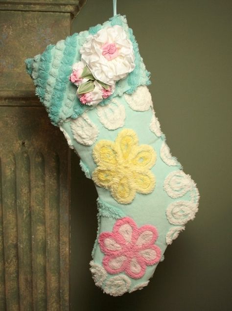 Christmas stocking made from vintage chenille Ostara Ideas, Chenille Projects, Hankie Crafts, Linen Crafts, Chenille Ornaments, Yule Christmas, Chenille Crafts, Pink And Yellow Flowers, Millinery Flowers