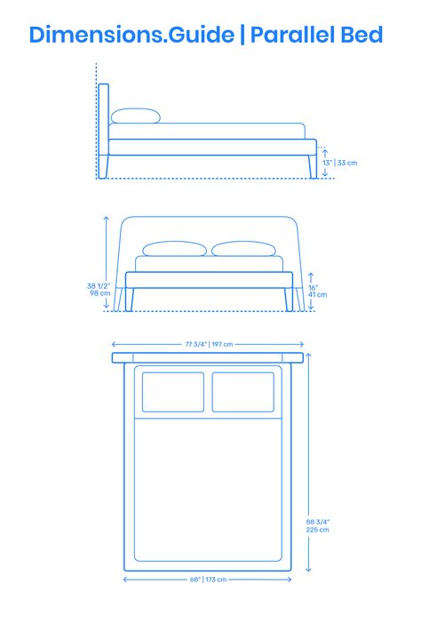 The Parallel Bed is an upholstered bed frame with a playfully shaped trapezoidal headboard. The Parallel Bed (Queen) has a length of 88 3/4” | 225 cm, headboard width of 77 3/4” | 197 cm, headboard height of 35” | 89 cm, footboard width of 68” | 173 cm, and platform height of 13” | 33 cm. Downloads online #furniture #beds #bedframes #bedrooms Bed Dimensions Height, Bed Height Standard, Bed Dimensions Cm, Bed Elevation, Malm Bed Frame, Ikea Malm Bed, Bed Queen Size, Bed Measurements, Malm Bed