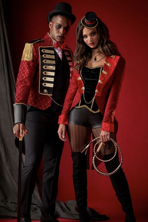 Women’s Circus Costume, Holiday Party Costume Ideas, Burlesque Couple Costume, Circus Couples Costume, Scary Ringmaster Costume, Ring Master Costume Couples, Circus Leader Costume, Circus Costumes Couples, Circus Ringleader Costume