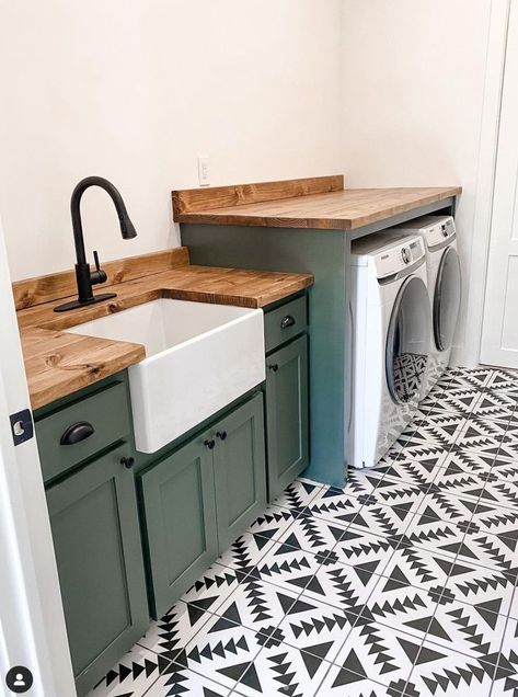 Laundry Room Closet Style Laundry Room, Saltillo Tile Laundry Room, Black White And Green Laundry Room, Laundry Room New Build, Ranch Style Laundry Room, Green Farmhouse Laundry Room, Green Tile Laundry Room, Western Boho Laundry Room, Hunter Green Laundry Room