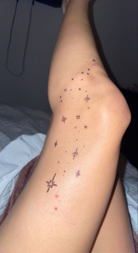 Stars Patchwork Tattoo, Live Like The Stars Tattoo, Sparkle Tattoo Aesthetic, Stars On Leg Tattoo, Cottage Core Tattoos Ideas, Stick And Pokes With Meaning, Leg Star Tattoos, Cute Aesthetic Tattoo Ideas, Scattered Star Tattoos